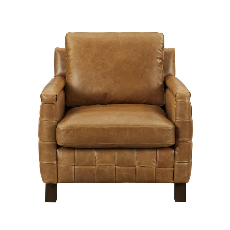 Mid-century Genuine Leather Nailhead Trim Accent Armchair with Removable back cushion, Light Brown
