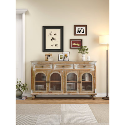 Buffet Farmhouse, crédence en bois vieilli avec 3 tiroirs et 4 portes en verre, armoire de rangement rustique avec tablettes pour la cuisine, la salle à manger et le salon