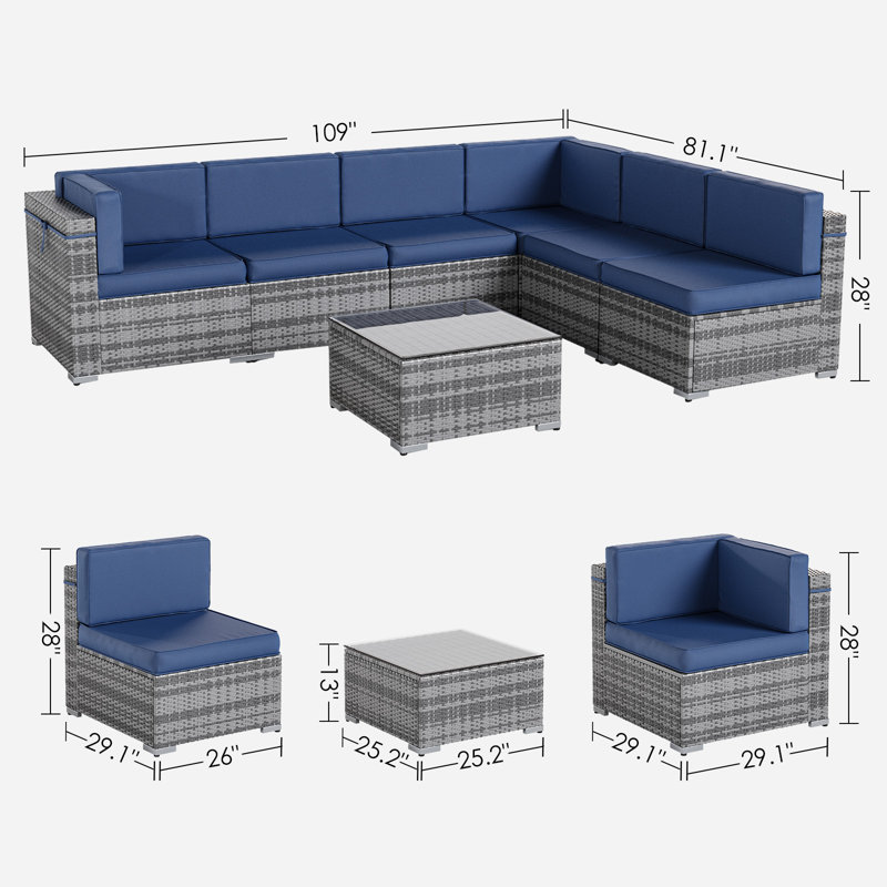 Ensemble de conversation d'extérieur pour 6 personnes avec coussins Ilythia, Bleu