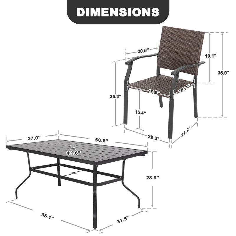 Suoa Patio 7-Piece Wicker Iron Dining Set with 1.57'' Umbrella Hole, Black, Rectangular, 6