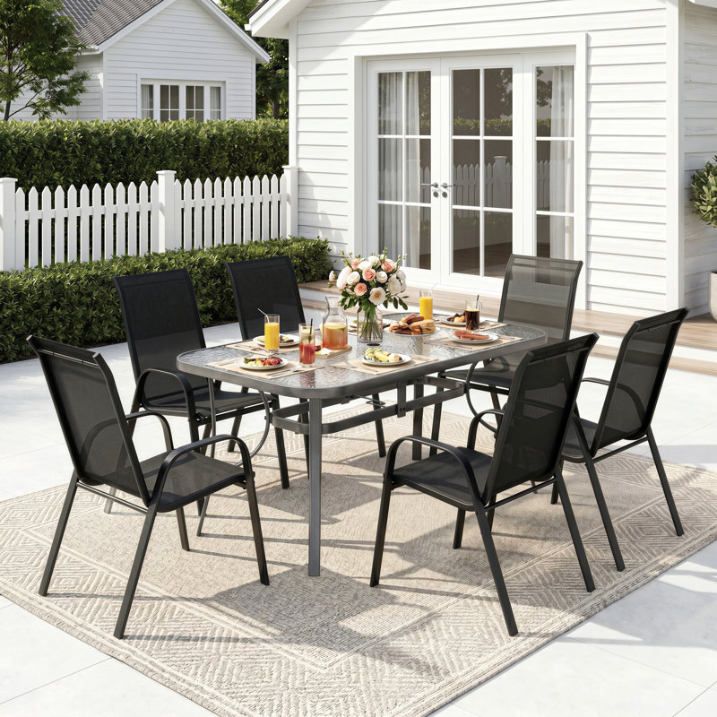 All Weather Patio Dining Set For 6, Outdoor Table And Chairs With 1.69″ Umbrella Hole,  30"X 55" Table And Stackable Chair, For Lawn, Deck (Umbrella Not Included) (Gray Table & Black Chairs )