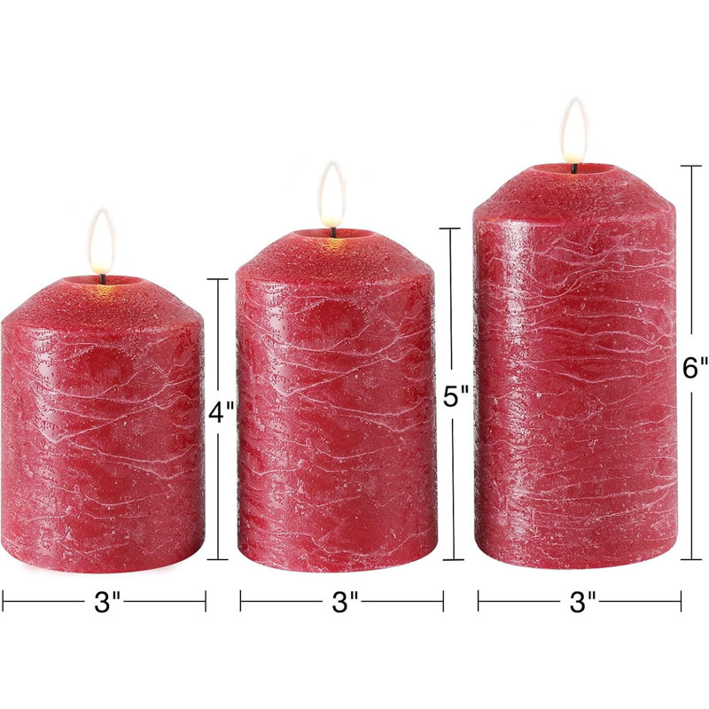 3 Pack Gold Flameless Pillar Candles with Remote: Flickering, Real Textured Wax, Battery-Operated LED Candles, Red
