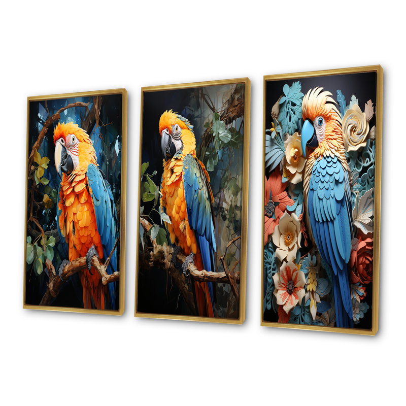 Jaune et bleu paradis perroquet - ensemble de 3 impressions sur toile perroquet, Cadre flottant doré, H 40 po x l 60 po