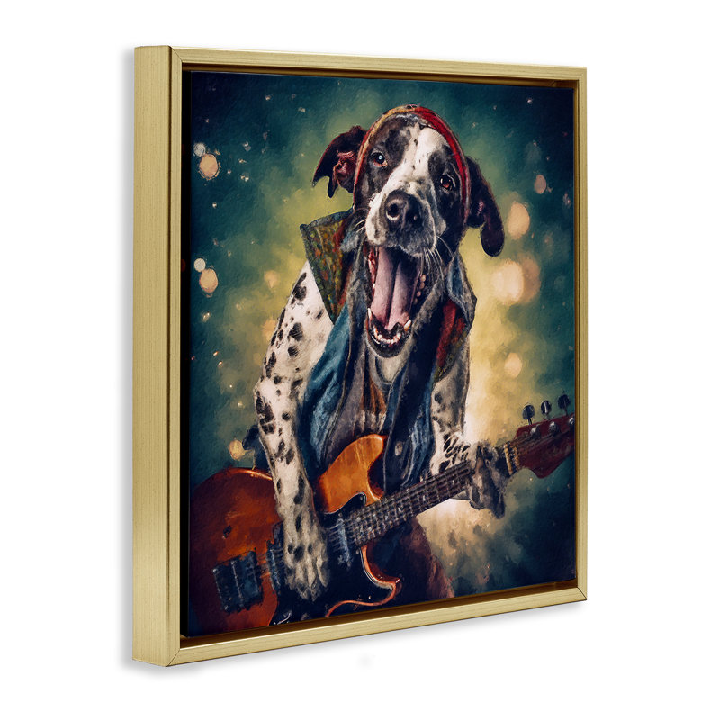«Musician Dog Singing» par Sean Parnell, H 18 po x l 18 po, Cadre flottant métallique doré