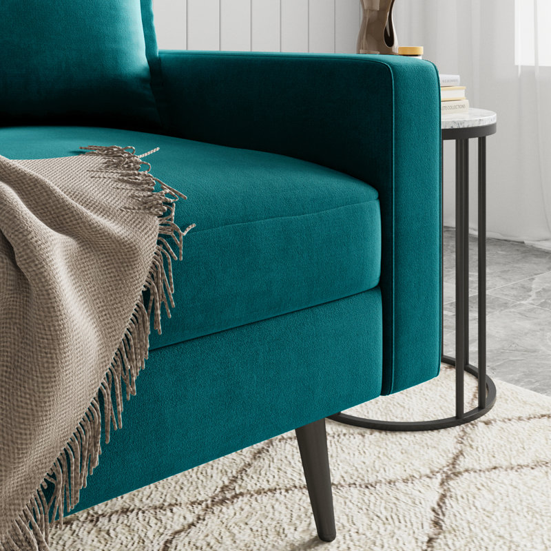 70" Velvet Square Arm Sofa, Teal Blue Velvet, Black