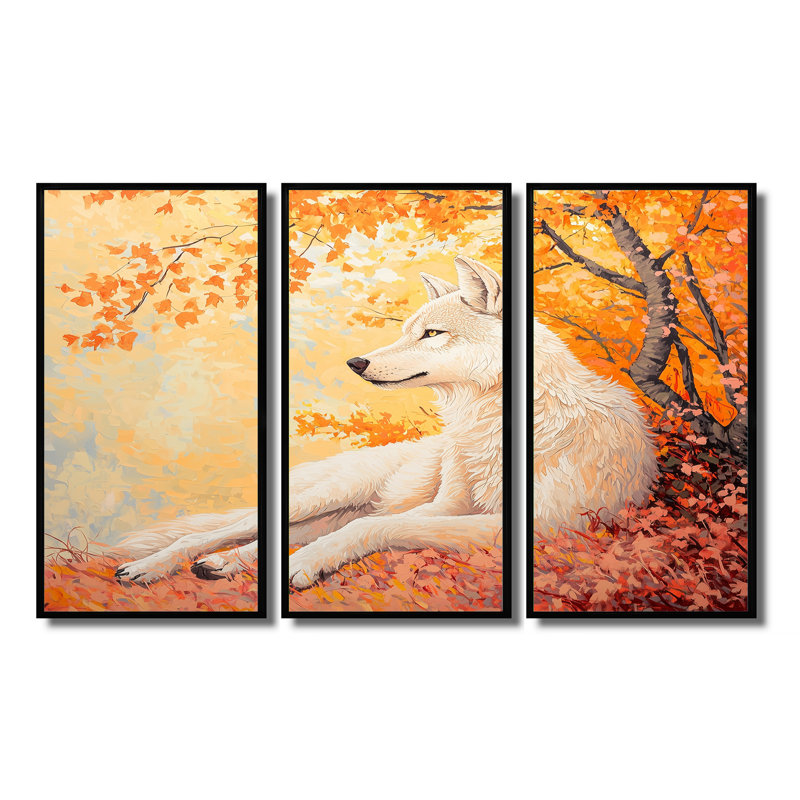«Blooming Wolf At Sunset II» - ensemble d'art mural loup, Black, Reproduction avec cadre flottant, H 28 po x l 36 po
