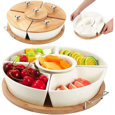 360° Rotatable Lazy Susan Serving Tray With Bowls 11.4'' Chip And Dip Serving Set, 5 Removable Compartment Divided Serving Dishes Ceramic Porcelain Taco Bar Platters And Trays For Party