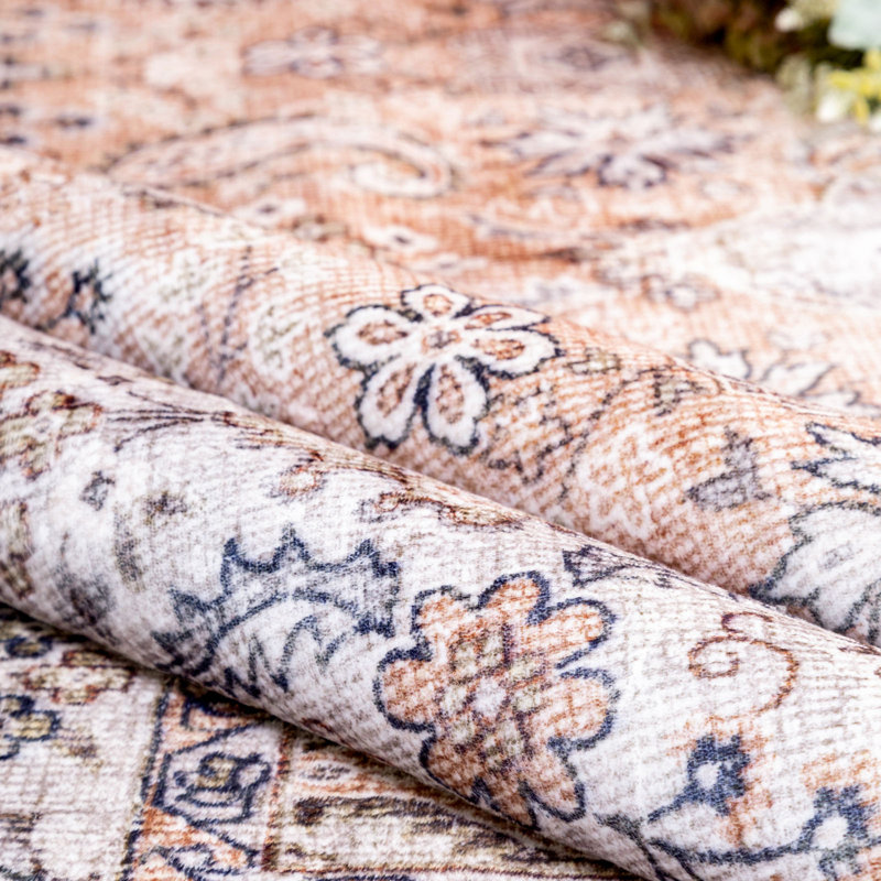 Maebrie Machine Washable Floral Design Area Rug Beige, Runner 2'6" x 8'