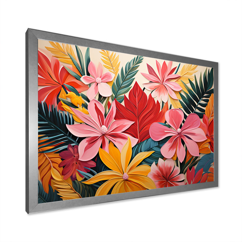 Motif de jungle tropicale rose floral II - art mural floral, Cadre de coin argenté fermé, H 12 po x l 20 po x P 1 po