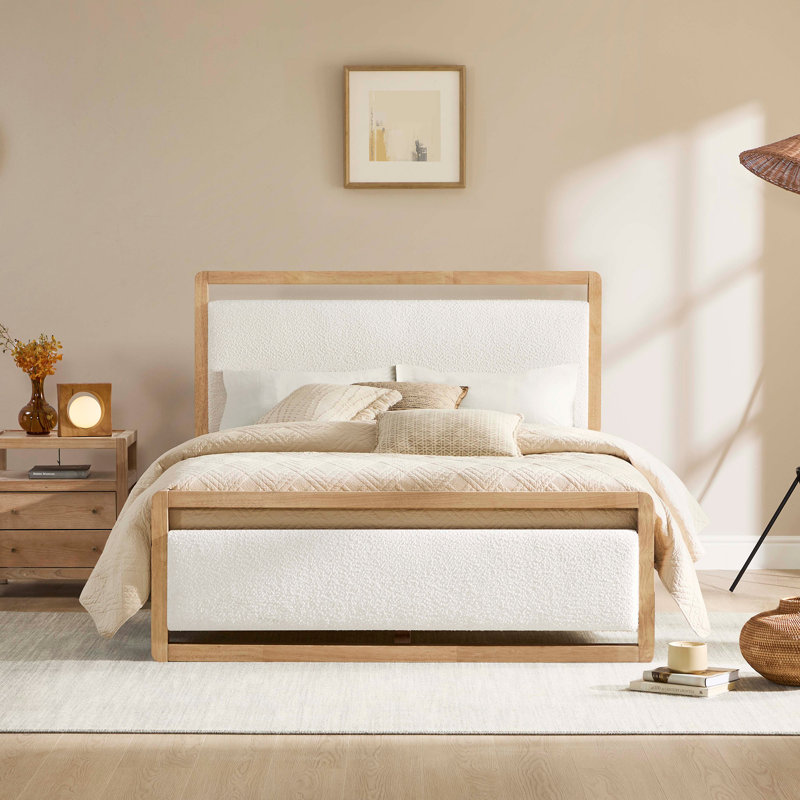 Modern Solid Wood Boucle Upholstered Bed Frame With USB, Cream, Full