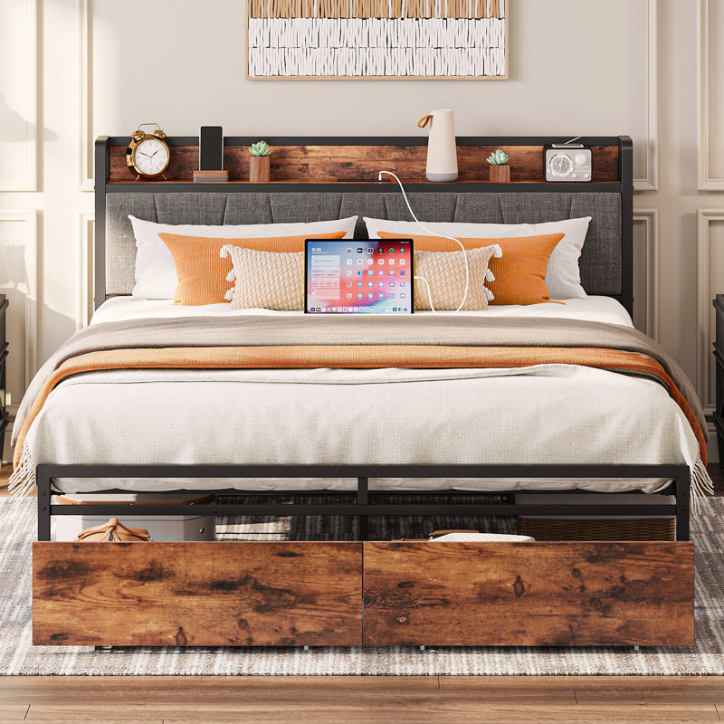 Queen Platform Bed with Drawers and Charging Headboard, Platform Bed with Storage, Sturdy Metal Frame, No Box Spring Needed, Vintage Brown and Gray