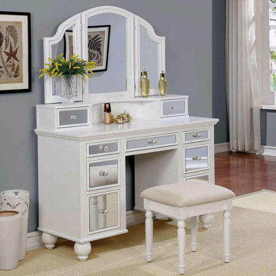 Ensemble de meuble-lavabo de maquillage blanc à finition blanche avec tabouret et 3 tiroirs