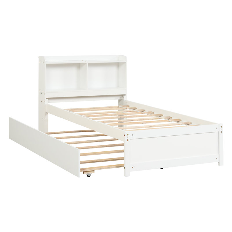 Lit simple avec lit gigogne et bibliothèque en blanc - Compartiments de rangement polyvalents pour la chambre à coucher