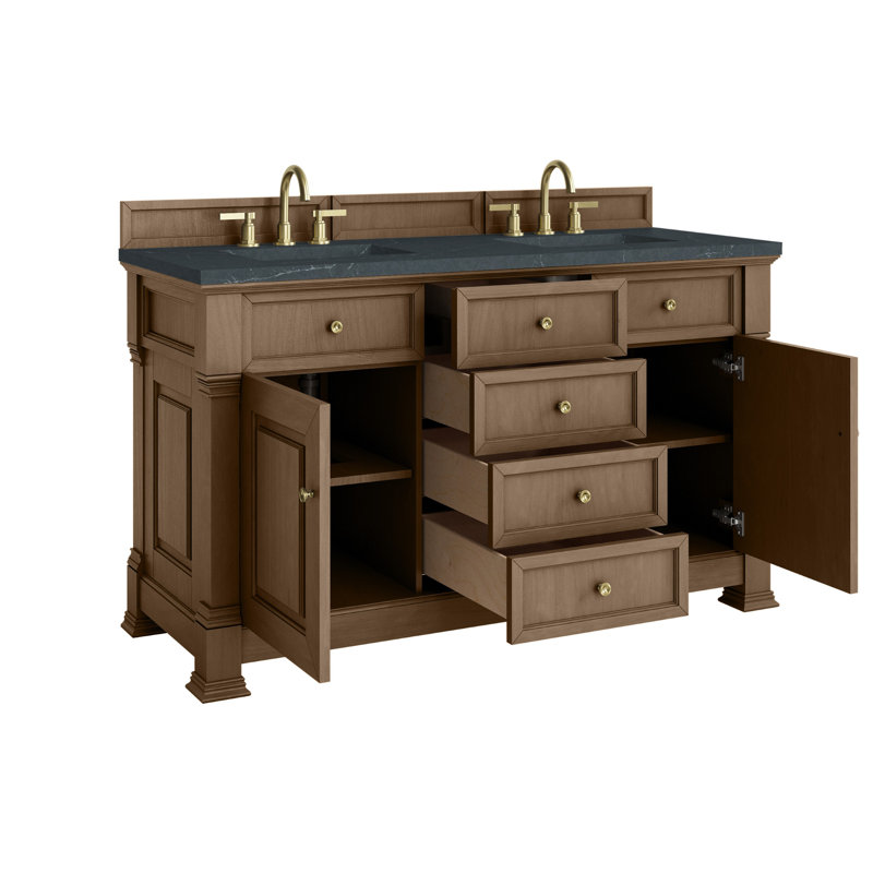 Meuble-lavabo double l 60 po Brookfield, Pacanier, Pierre de savon anthracite, À entraxe