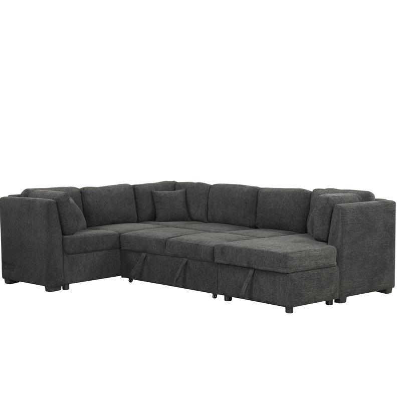 Canapé modulaire en U 108,6 po avec fonction de lit, rangement, 2 ports, prises de courant, méridienne de rangement en chenille noire et pour la maison