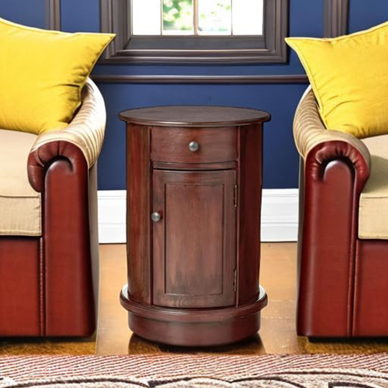 Table d'appoint ronde traditionnelle avec tiroir de rangement et porte, finition cerisier rétro, table de bout compacte pour le salon, la chambre à coucher ou le vestibule
