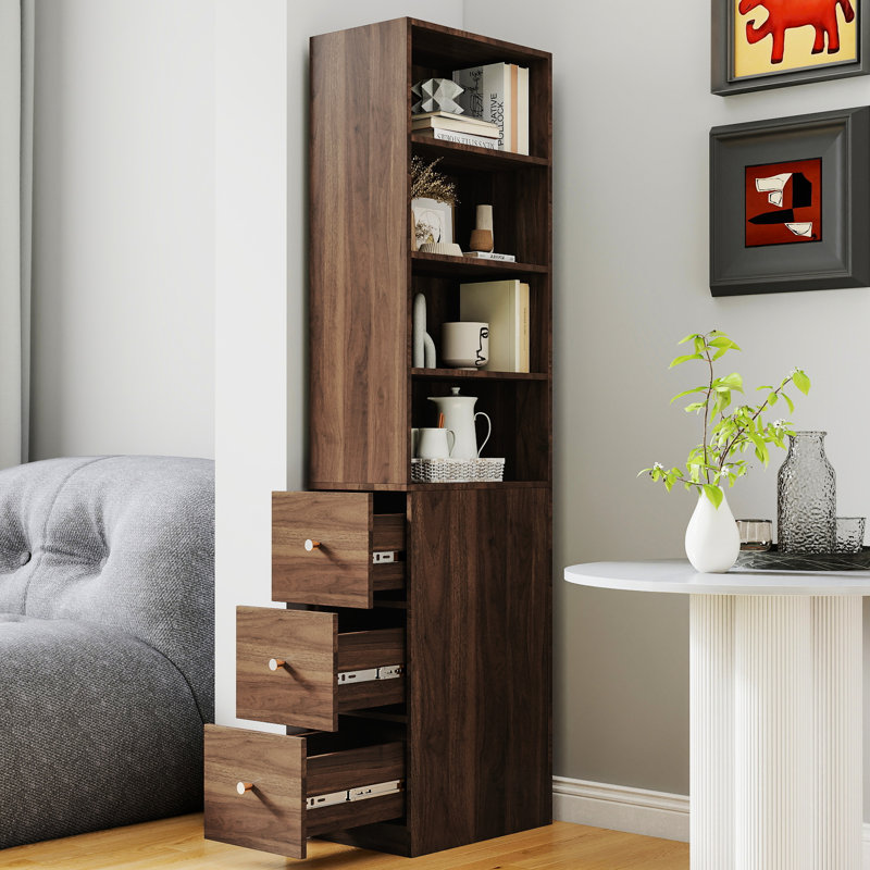Vitrine moderne de 72,42 po à 4 tablettes et 3 tiroirs latéraux pour espace de bureau, panneau arrière, rangement en bois de 11,94 po de largeur avec 4 tablettes et tiroirs, garde-manger, largeur, panneau de particules +