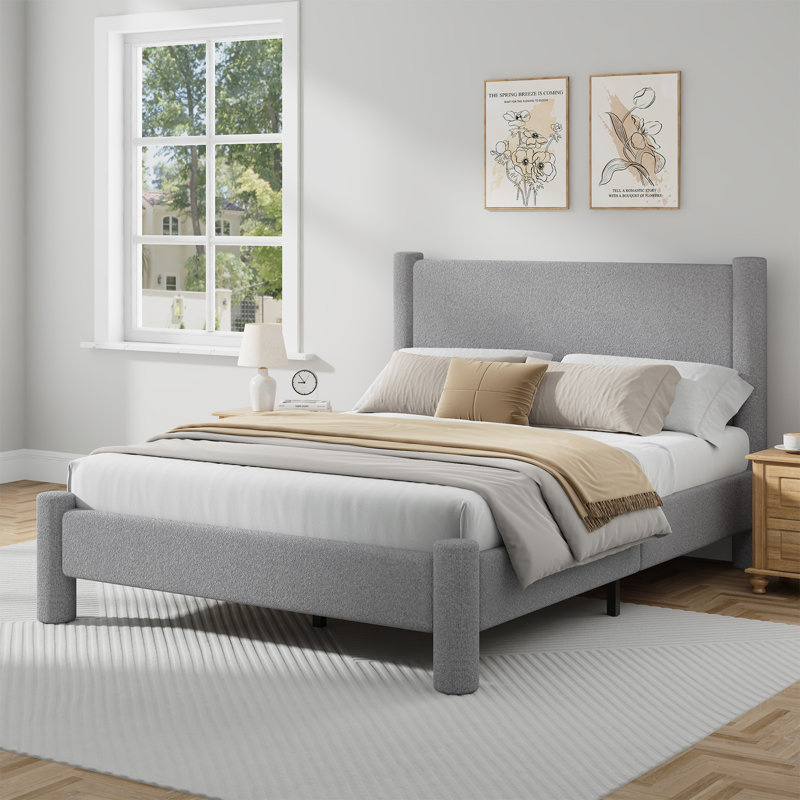 Lit plateforme tapissier Boucle, Gris, Lit double