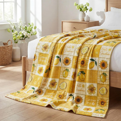 Spring Summer Flannel Blanket Throw, Patchwork Bufflo Yellow Lemon Sunflower Soft Fuzzy Plush Cozy Fleece Blankets for Couch Sofa Bed Lounging, Ideal Gifts for Adults Self, 50x60