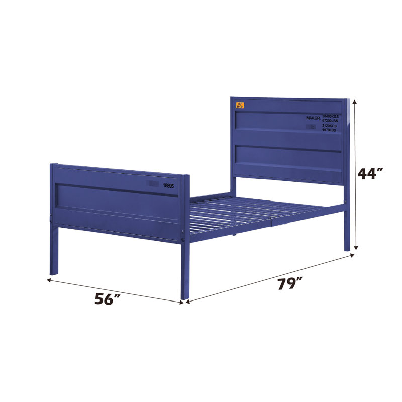 Lit double à finition bleue avec structure en métal, style de contenant de chargement, 21 lattes, capacité de poids de 330 lb, lit de style produit de 76 lb, structure en fer, panneau rectangulaire, hauteur de 44 po