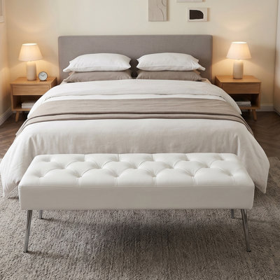 Lora Mid-Century Modern Tufted Leather Bench, 44" Wide with Metal Legs