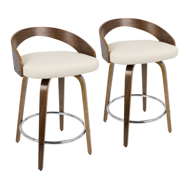 2 Piece Minda Swivel Stool, Walnut/Chrome, Counter Stool (23.75" Seat Height), Cream Faux Leather