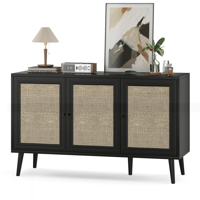 Buffet buffet avec 3 portes en rotin, Noir