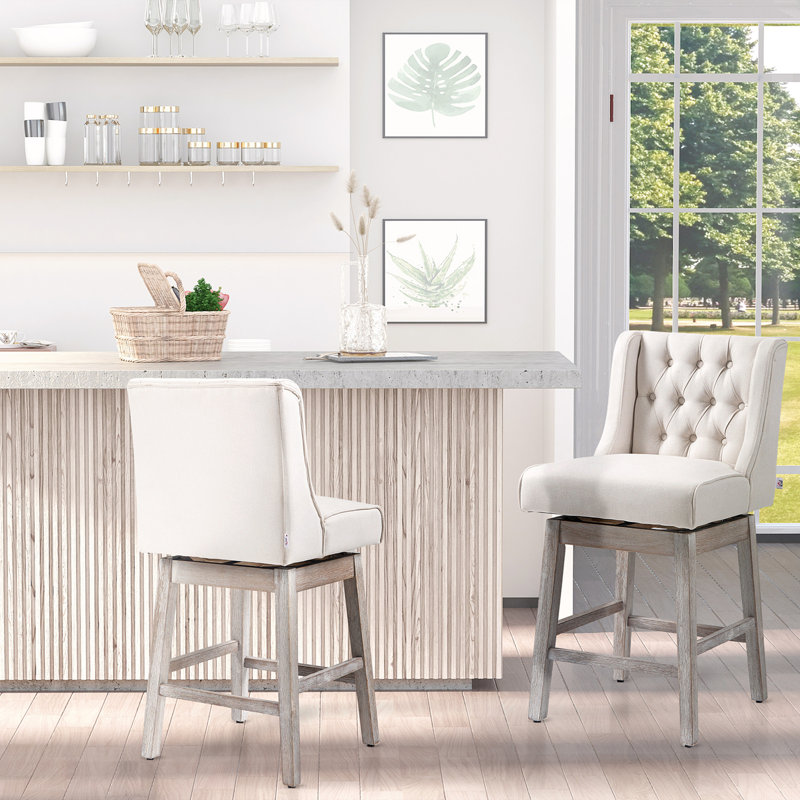 Counter Height Bar Stools Set of 2, 180 Degree Swivel Kitchen Island Stool, 27" Seat Height with Wood Footrests and Button Tufted Design, Beige