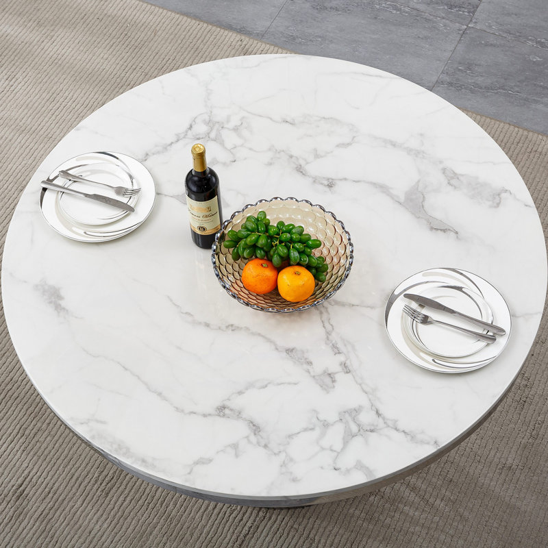 Table de salle à manger ronde en marbre, table de cuisine moderne avec plateau en faux marbre ultrabrillant et base en acier inoxydable pour la salle à manger, cuisine (seulement une table)