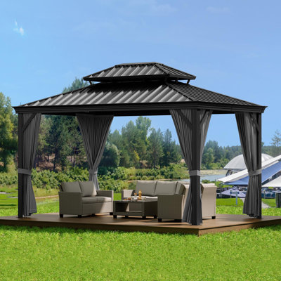 10' x 10' Hardtop Gazebo with Curtains & Netting, Heavy-Duty Aluminum Frame, Double-Roof Ventilated Design, Permanent Outdoor Pavilion for Patio, Garden & Backyard