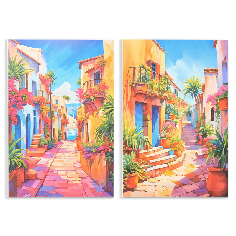 Ensemble de 2 plaques murales pittoresques «Village méditerranéen» par Andrea Haase, H 19 po x l 13 po