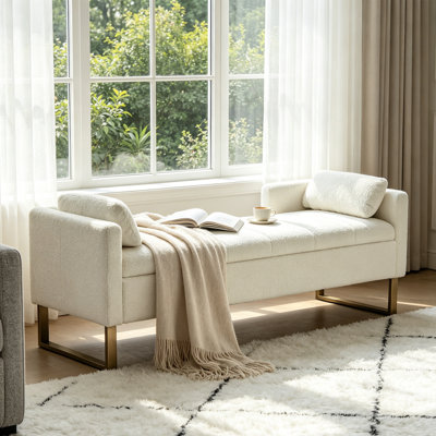 Upholstered Flip Top Chenille Storage Bench With Gold Legs And 2 Pillows