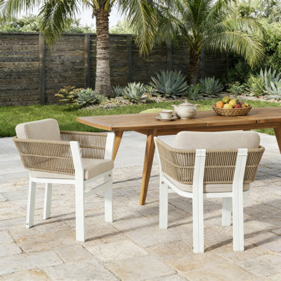Ensemble de 2 chaises de salle à manger d'extérieur, structure en aluminium blanc avec coussin beige, capacité de 300 lb, sièges de patio toutes saisons pour la cour, la terrasse et le jardin