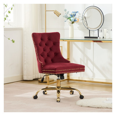 Chaise de bureau moderne en velours capitonnée A&A Furniture, chaise de bureau rembourrée rouge vin avec base en métal doré, chaise de bureau pivotante réglable