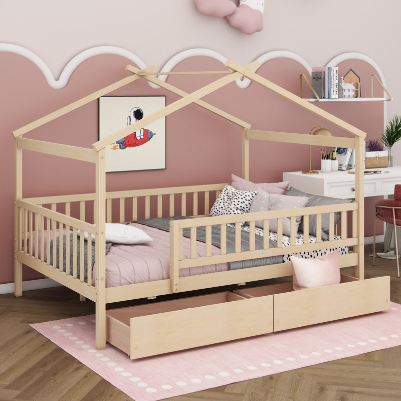 Lit double en bois avec deux tiroirs, Naturel