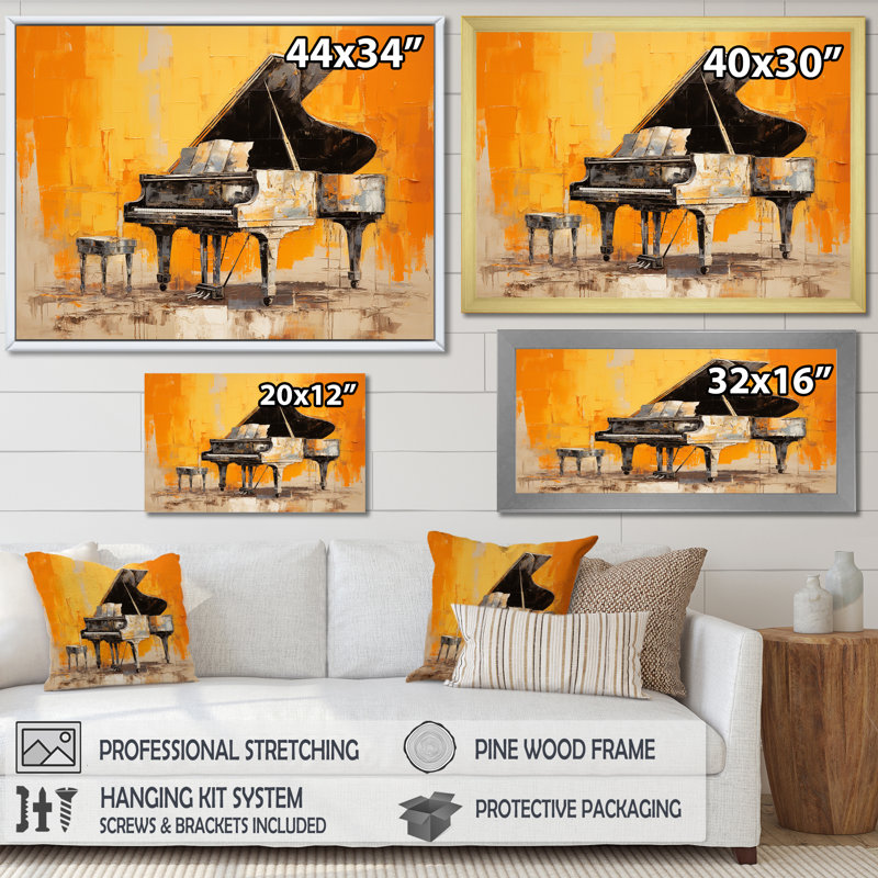 Impression sur toile, "Orange Piano Modernist Melody", Cadre flottant doré, H 30 po x l 40 po x P 1,5 po
