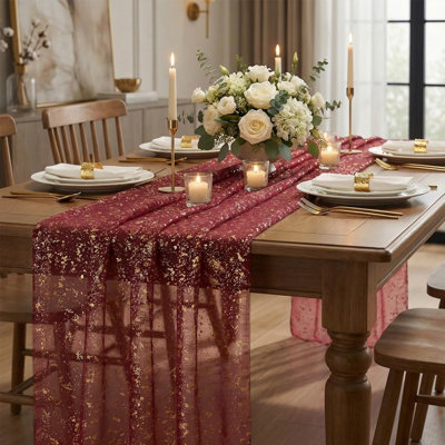 10Pcs Burgundy Gauze Gold Table Runner 10FT, Glitter Metallic Foil Sheer Dining Wedding Anniversary Holiday Table Decor for Home Party
