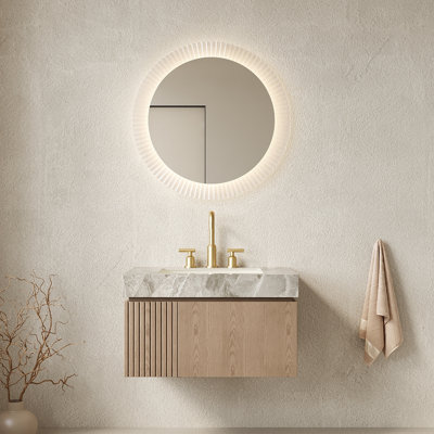 Meuble-lavabo 30 po, meuble de rangement flottant en contreplaqué avec tiroir et porte, comptoir en pierre frittée gris clair et lavabo en céramique avec 3 trous de robinet pré-percés, pré-assemblé, couleur grain de bois Heidelberg