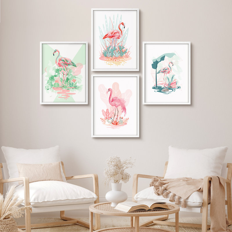 Art tropical, flamant rose tropical, Blanc, H 14 po x l 11 po