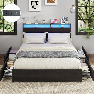 Bed Frame With 4 Storage Drawers, LED Platform Bed With Headboard