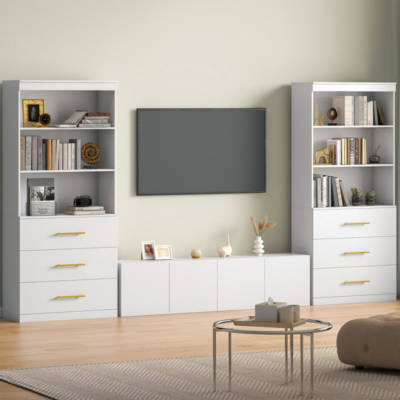 71" Tall Bookshelf With 3 Drawers And Open Shelves, White