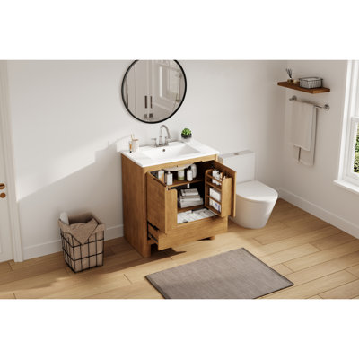 Meuble-lavabo moderne 30 po avec lavabo en céramique, grain de bois naturel, structure en bois massif, portes et tiroir à fermeture en douceur, tablette réglable, ensemble tout-en-un, naturel