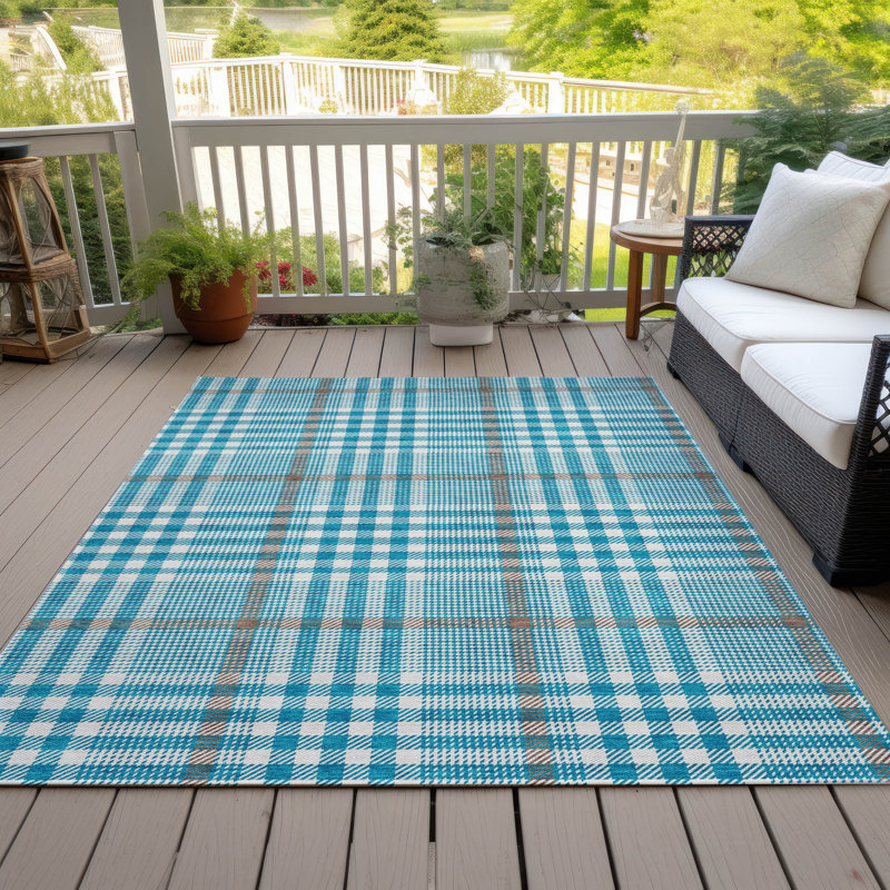 Teal and White Synthetic Washable Rectangular Rug