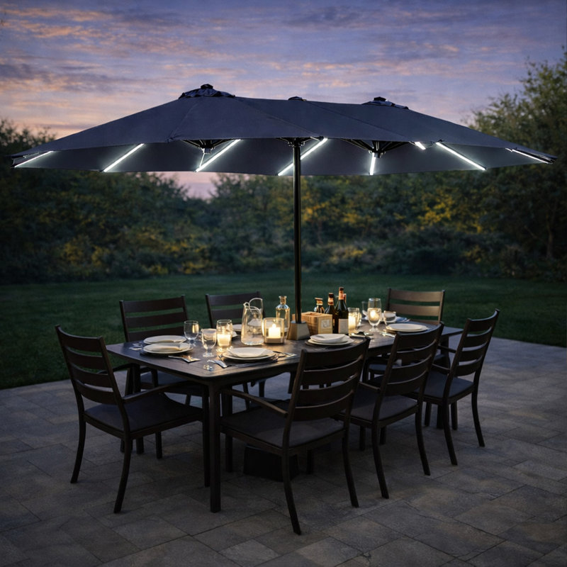 Parasol rectangulaire double face de 15 pi avec lumières solaires Kozyard, parasol de marché extérieur avec manivelle, base incluse, résistant aux rayons UV pour la piscine, la cour et le jardin Bleu marine