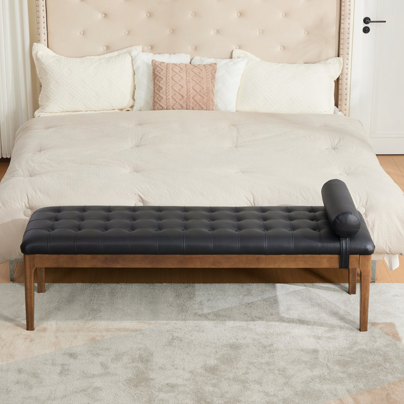 Banc capitonné à boutons avec appui-tête et pieds en noyer foncé, Black / Patchwork, Black