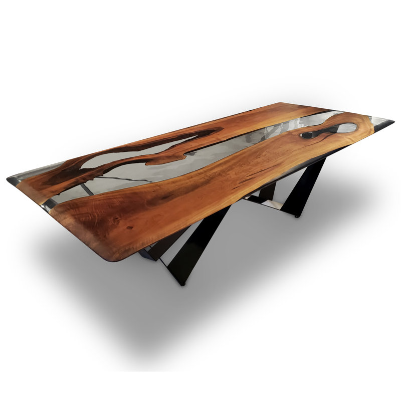 Danube Walnut Wood Dining Table, 48" W x 108.3" L, Brown/Clear/Black, Polished Black