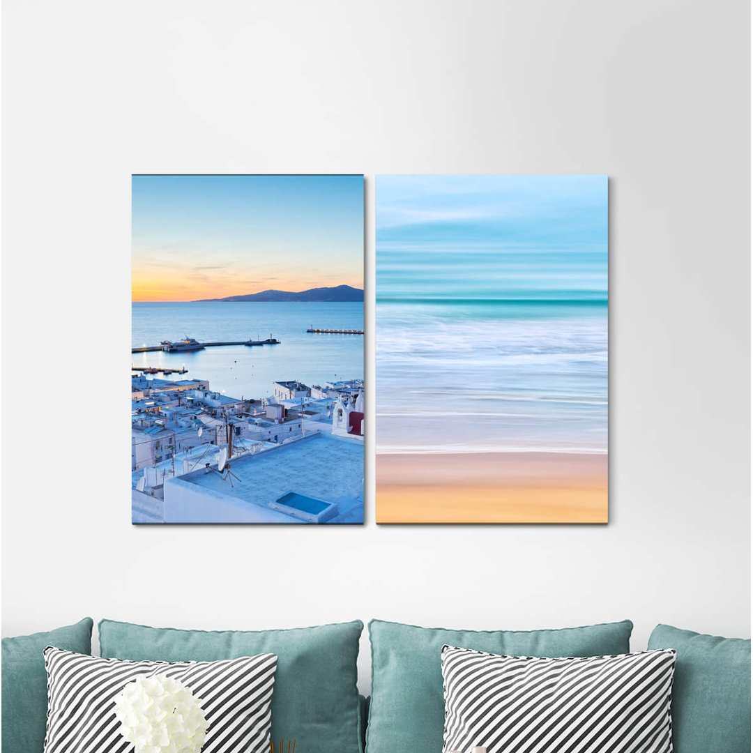 2-tlg. Leinwandbilder-Set - Grafikdruck „Greece Santorini Mediterranean Sea Summer Holidays Sunset”