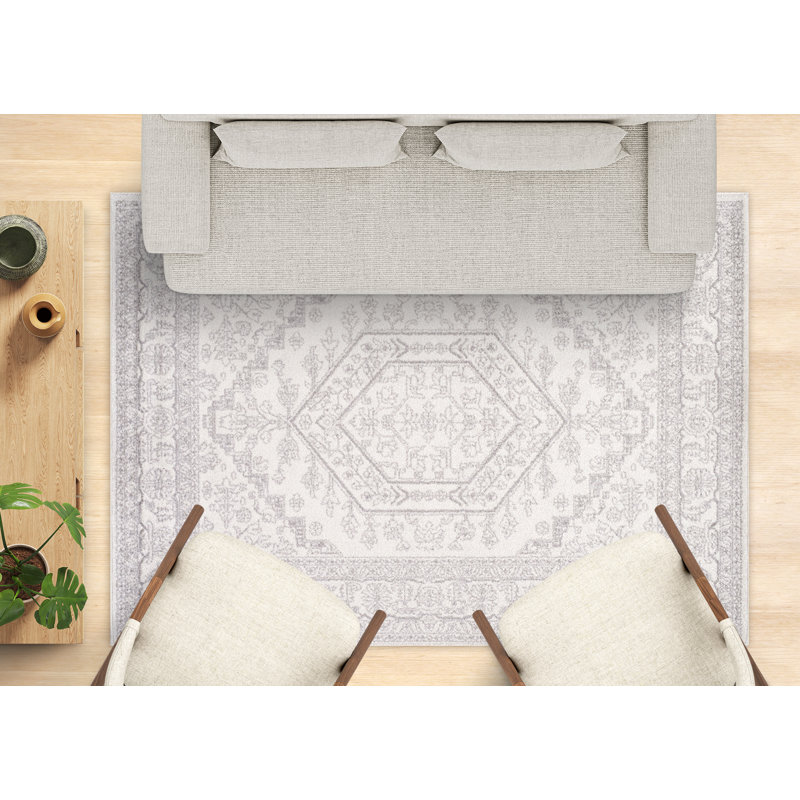 Vanille Oriental White Grey Traditional Area Rug, Rectangle 6'7'' x 9'6''