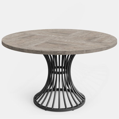 47" Farmhouse Round Dining Table For 4-6 – Industrial Dinner Table With Hourglass Metal Pedestal Base, Large Kitchen & Dining Room Table, Modern Rusti