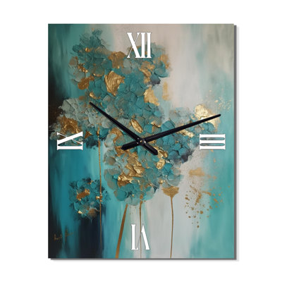 Hydrangea Flower Blossoming Gold Retro Teal Gold - Hydrangea Modern Wall Clock